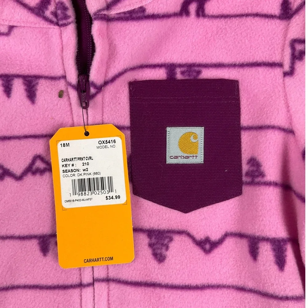 Carhartt Baby Girls Pink Fleece Mountain Print Coverall Zip Jumpsuit OX5416 18M